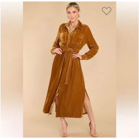 AURA Crushed Velvet Midi Shirt Dress Size S Belted Long Sleeve Honey Romantic - Picture 1 of 13